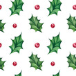 Watercolor seamless pattern with holly and red berries. Christmas and New Year minimalistic print. Festive pattern for decoration and design of fabrics, wrapping paper, background, wallpaper.