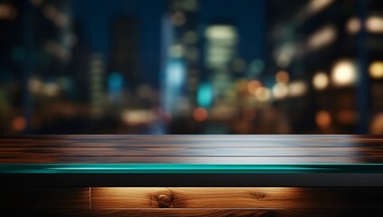 Canvas Print - A blank wooden board against a nighttime city backdrop