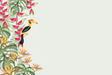 Fototapeta  - Tropical summer background banner border frame. Tropical jungle hornbill bird. Vector illustrations