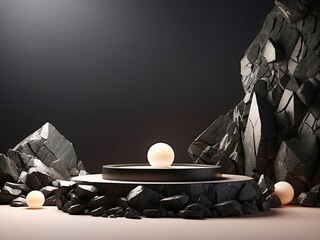 Black geometric Stone and Rock shape minimal podium background