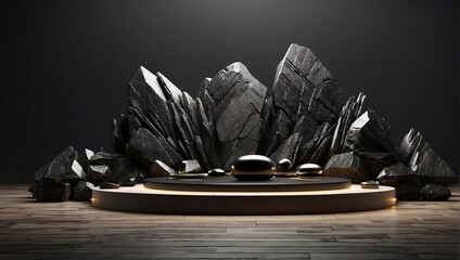 Black geometric Stone and Rock shape minimal podium background