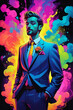 Cartoon-style illustration of a groom. Splash art with bold neon colors. Wallpaper art. Background art.