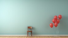  A Chair Sitting In Front Of A Blue Wall With A Bunch Of Red Balloons Attached To The Back Of It In A Room With A Wooden Floor And A Blue Wall.