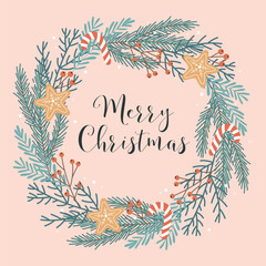 Wall Mural - Christmas wreath greeting card template with hand drawn elements. Vector illustration in flat style