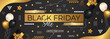 Black Friday sale banner design with golden and black color theme. Abstract triangles and lines in retro style modern slider. Black Friday Sale banner Vector illustration