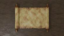 3d Animation Of A Book Parchment Scroll That Unfolds. Old, Worn Material. A Place For Text And Advertising. 3d Rendering.