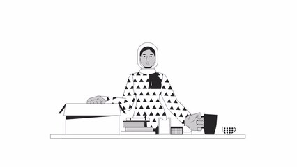 Poster - Muslim hijab woman packing personal belongings bw outline 2D character animation. Adult arab lady collecting monochrome linear cartoon 4K video. Female animated person isolated on white background