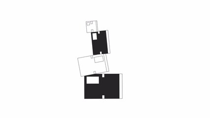 Poster - Unsteady pile of cardboard boxes bw outline 2D object animation. Precarious packages stack monochrome linear cartoon 4K video. Unstable stacked parcels animated item isolated on white background
