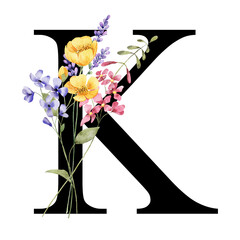 Wall Mural - Letter K, floral alphabet, wedding monogram with watercolor flowers. Letterhead, initials perfectly for invitations, greeting card, logo, poster and other design. Hand drawing.
