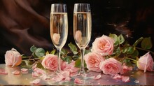  A Painting Of Two Champagne Flutes With Pink Roses On A Table Next To A Painting Of A Bouquet Of Pink Roses And A Pair Of Champagne Flutes With Pink Roses On A Table.