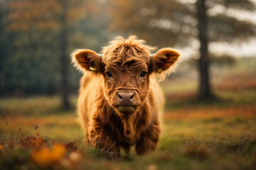 A charming and adorable baby highland cow, autumn color mood, a charming highland cow calf, close up of a calf