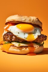 Wall Mural - breakfast sandwich with toasted English muffin, sausage patty, fried egg, and melted cheddar cheese