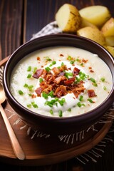 Wall Mural - A creamy and comforting potato soup with bits of crispy bacon and a dollop of sour cream on top