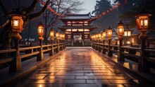 A Beautiful Landscape Photo Of A Temple Or Shrine Decorated With Lanterns And Other Festive Decorations
