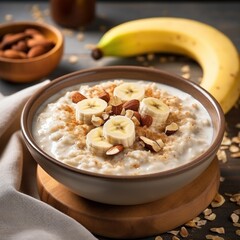 A bowl of creamy oatmeal with sliced banana, honey, and chopped walnuts