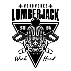 Wall Mural - Lumberjack head in knitted hat and saw vector emblem in vintage monochrome style isolated on white background