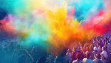 Festival of Colors Crowd of people throwing paints at the sky , happy holi indian concept