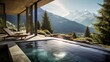 Luxurious jacuzzi in a mountain hotel overlooking the forest and mountain landscape. AI Generation