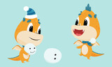 Fototapeta Dziecięca - Little cute dragon plays snowballs and makes a snowman