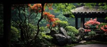 The Beautiful Japanese Garden With Its Lush Green Leaves And Intricate Plant Ornaments Creates A Stunning Background Filled With The Textures Of Nature, Highlighting The Vibrant Tropical Flowers And