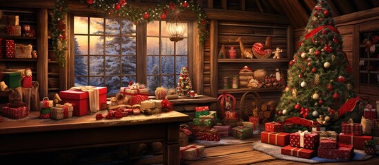 Poster - In the vintage wood cabin, a Christmas tree adorned with red and green ornaments stood tall, surrounded by the aroma of festive food and candy. A stack of wrapped gifts, neatly placed on the paper