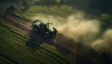 Fototapeta  - A Vibrant Green Tractor Speeding Along a Dusty Countryside Track
