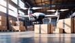 Eine Drohne in einer Lagerhalle mit Paketen - Neuer Art des Transportes