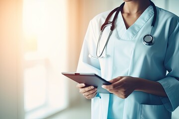 Handsome woman doctor in lab coat using tablet computer in clinic.