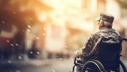 Wall Mural - Old man on a wheelchair on a gurney in autumn park