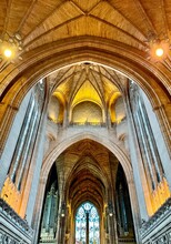 Low Angle Interior View Of Liverpool Cathedral, UK. 