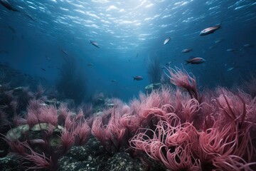 a krill swarm with a backdrop of the underwater antarctic landscape