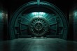 perspective shot of a circular bank vault door in a dimly lit room