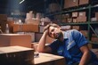 Stressed tired male staff working in warehouse