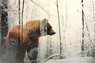 Wall Mural - a double exposure of a bear walking and a snow-covered forest