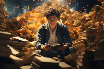 Poster - A person immersed in reading, surrounded by books, embodying the love for knowledge and learning. Concept of education and intellectual growth. Generative Ai.