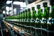 macro shot of beer bottles being labeled on production line