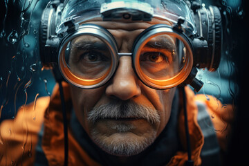 Poster - a close-up of a scientist's face, wearing safety goggles, immersed in research and discovery. concep