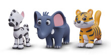 Composition With African Animals. Realistic Collection With Zebra, Blue Big Elephant And Fluffy Tiger. Toy Concept. Vector Illustration In 3d Style With Shadow