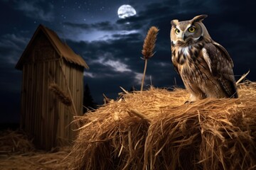 Wall Mural - owl sitting on a hay bale under a moonlit sky