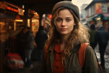 Canvas Print -  a woman standing in front of a building on a city street with people walking on the sidewalk and a woman with a hat on her head is looking at the camera.