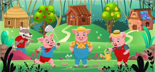 Scene from the fairy tale The Three Little Pigs. Three little pigs stand near their houses made of stone, straw, wood, and an angry, hungry wolf walks nearby. Funny cartoon characters.