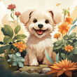 Cachorro branco fofo e plantas e flores - Ilustração Infantil