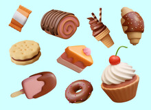 Large Collection Of Realistic Sweets And Desserts In Cartoon Style. Soft Ice Cream, Croissant, Swiss Roll, Cupcake, Popsicle, Candy, Donut, Cookie Sandwich, Piece Of Cake