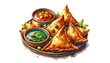 A watercolor illustration of Samosas on a plate, depicting the fried triangular pastries filled with spiced potatoes and peas, served with tamarind and mint chutney, highlighting the snack's crispy te