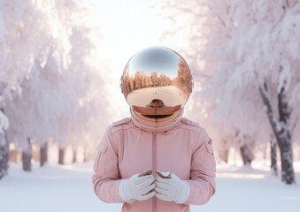 Wall Mural - A person in an astronaut suit with a shiny helmet reflecting the winter forest stands among snowy trees
