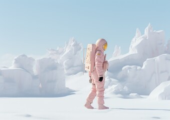 Wall Mural - A person in a space suit carries a suitcase through a snowy terrain with ice formations