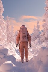 Wall Mural - Rear view of person in astronaut outfit walking through a snowy forest path under a clear sky