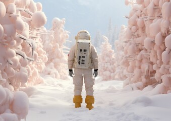 Wall Mural - A figure in an astronaut suit standing on a snow-covered path amid pink-tinted winter trees