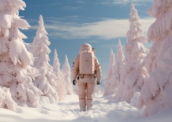 a lone astronaut in a suit is seen from behind, walking down a path lined with snow-laden trees