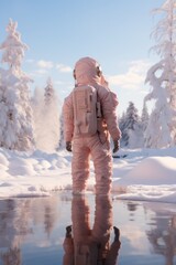 Wall Mural - The backside of an astronaut observing their reflection in a tranquil winter waterbody surrounded by snow